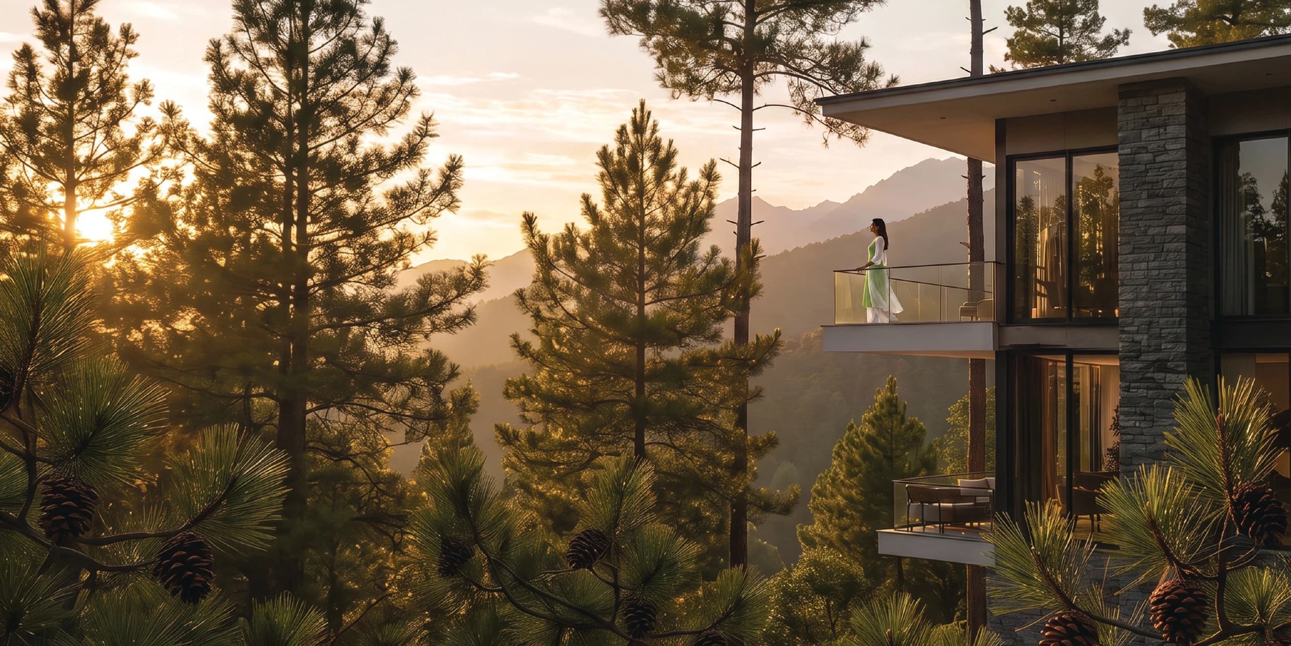 Villa balcony overlooking the mountains at sunset