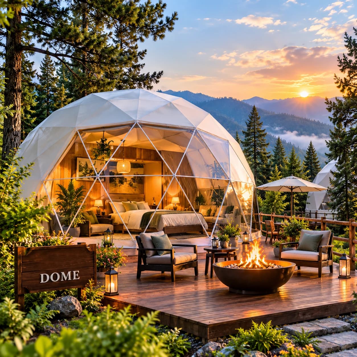 Luxury dome with deck and fire pit