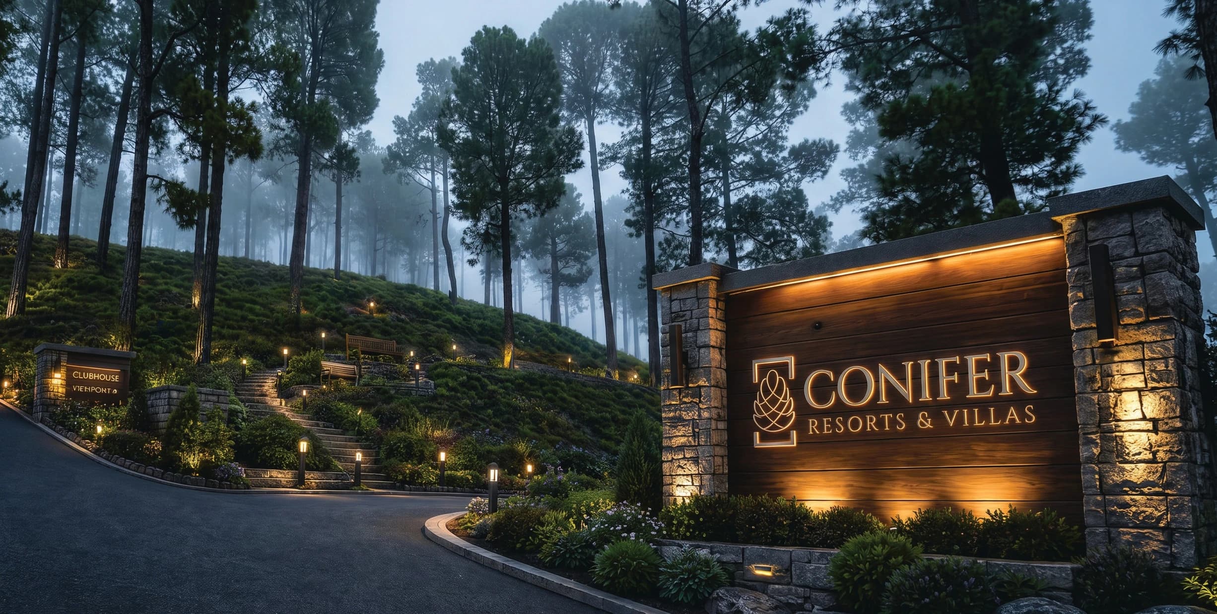 Conifer Resorts & Villas entrance at dusk