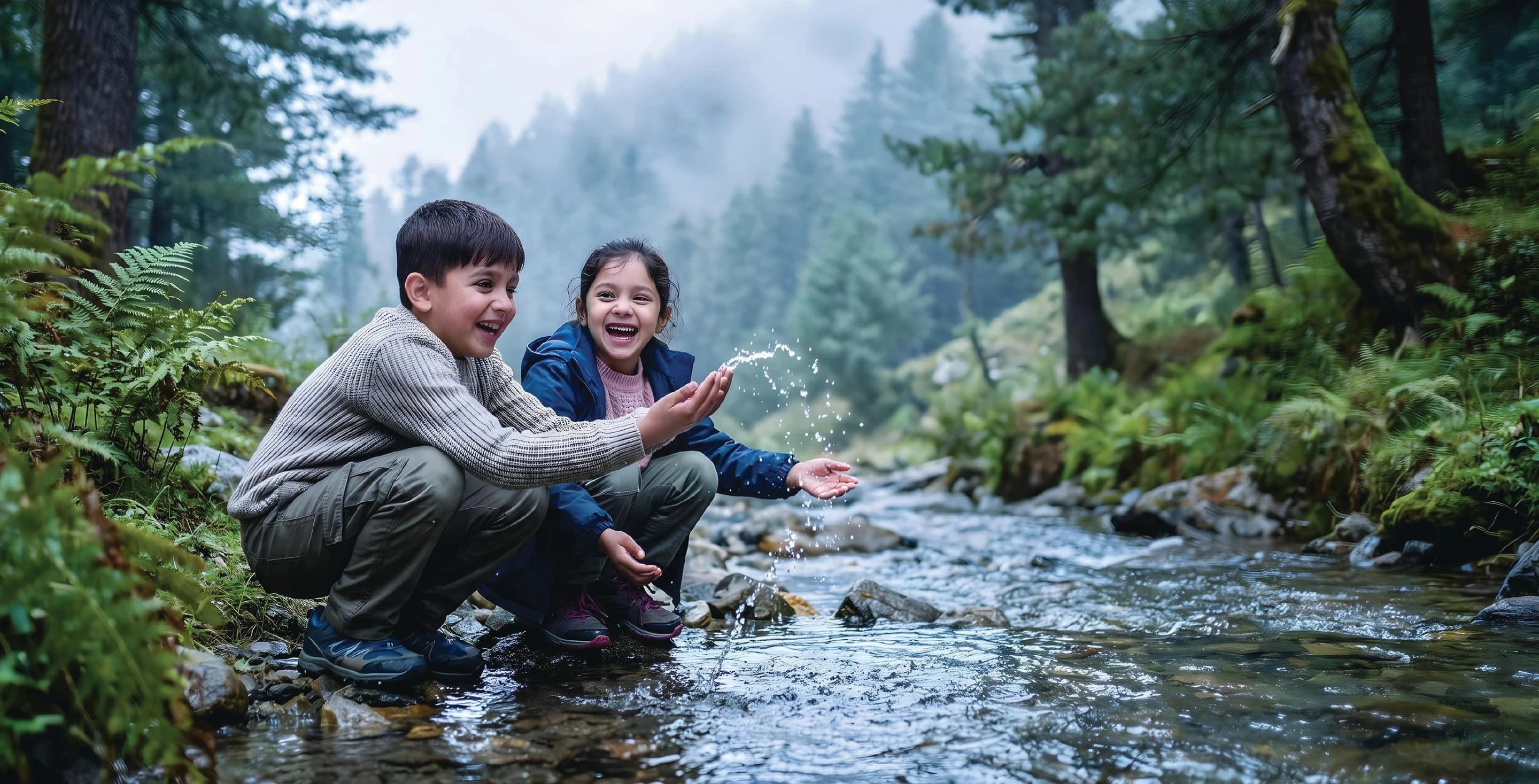 Children playing in a mountain stream