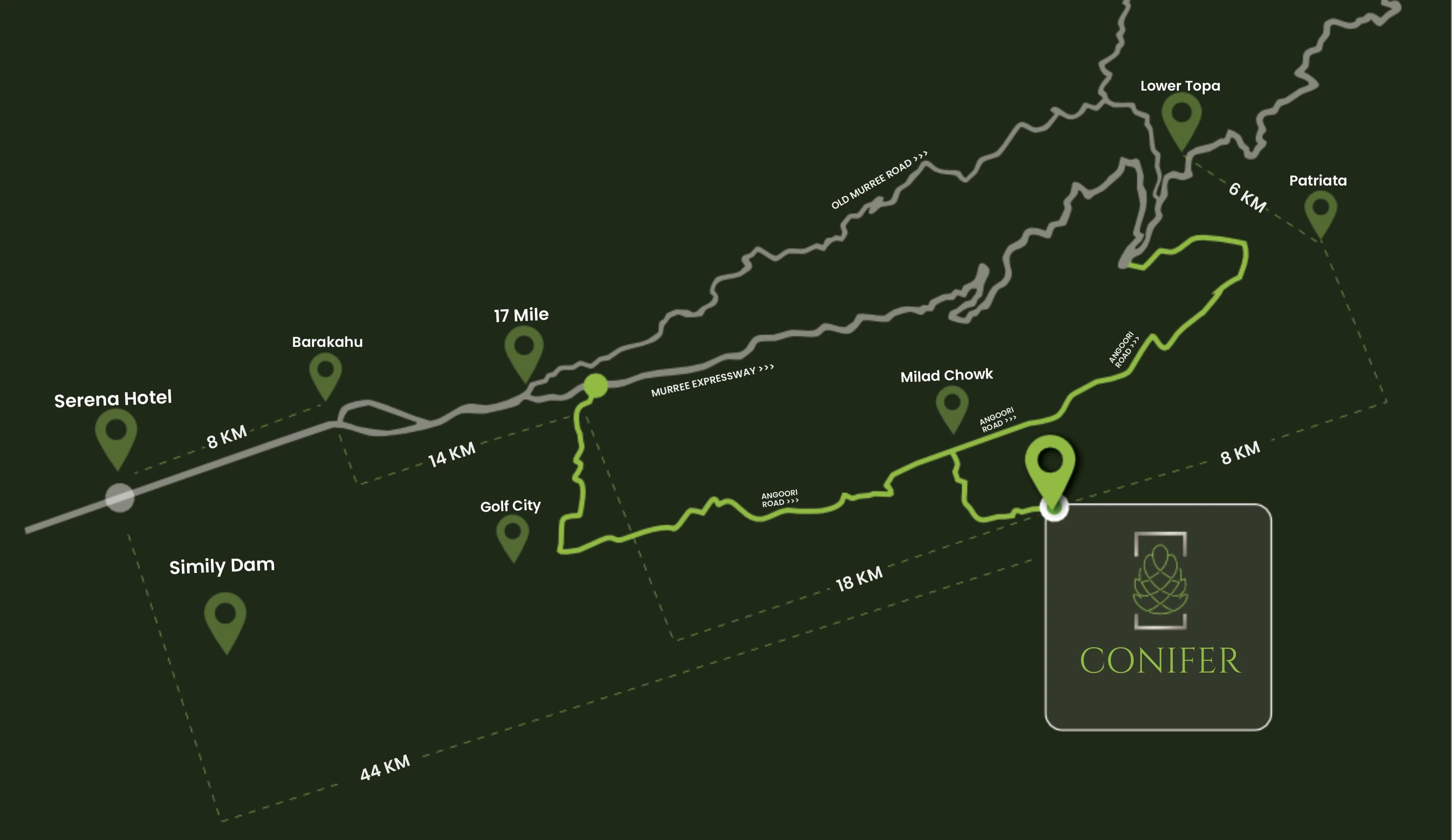 Route map from Islamabad to Conifer via Murree Expressway and Angoori Road