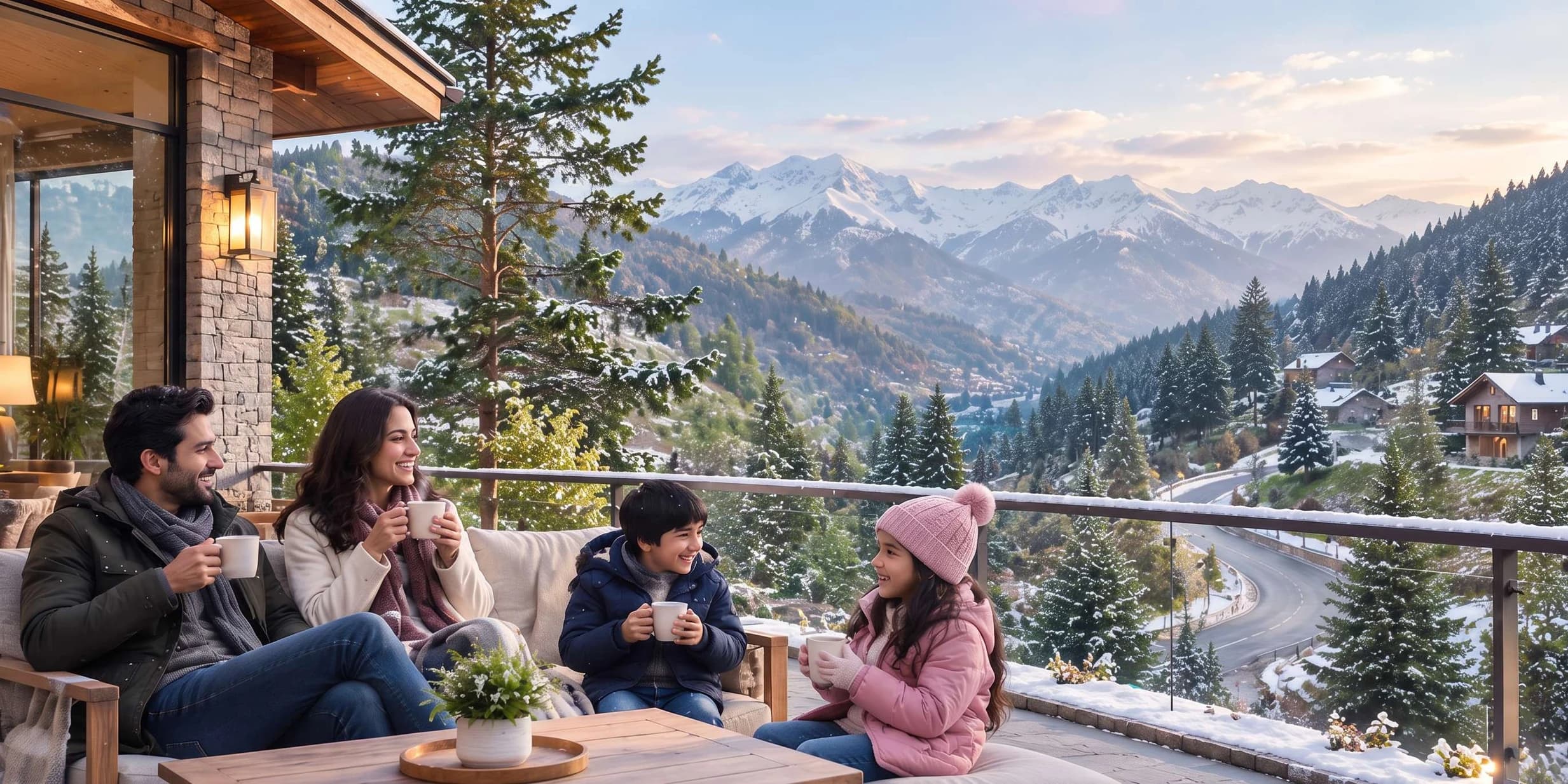 Family on a terrace with snow-covered mountains